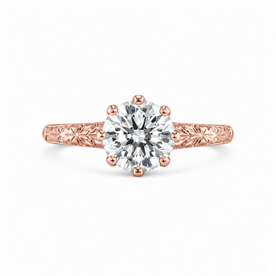 1.50 CT Round Lab-Grown Diamond Hand-Engraved Engagement Ring in 14K White Gold – Vintage Carved Solitaire Band