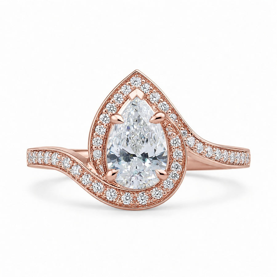 1.30 CT Pear Cut Lab-Grown Diamond Double Halo Engagement Ring in 14K White Gold – Swirl Bypass Designer Design
