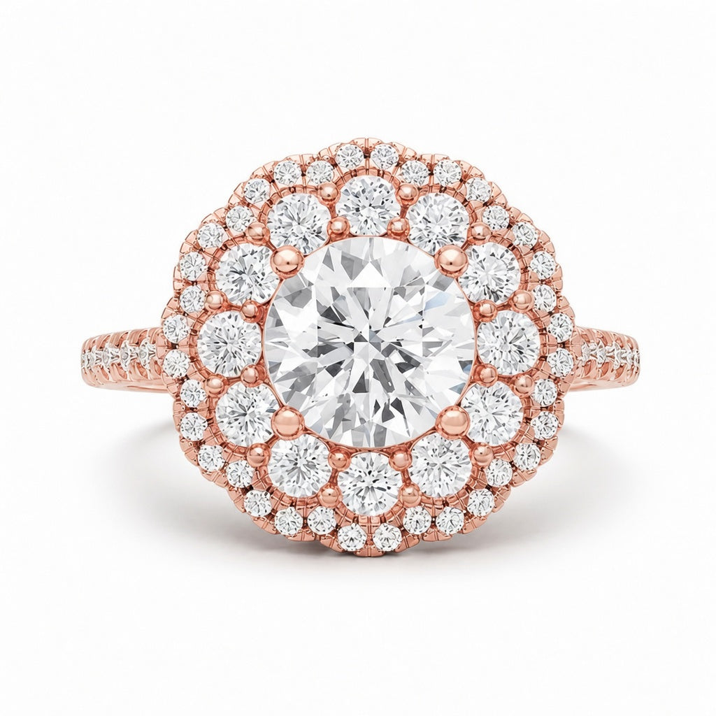 3.00 CT Round Lab-Grown Diamond Double Halo Engagement Ring in 14K White Gold – Pavé Bridal Design