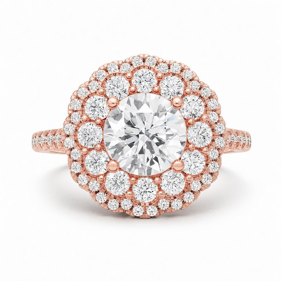 3.00 CT Round Lab-Grown Diamond Double Halo Engagement Ring in 14K White Gold – Pavé Bridal Design