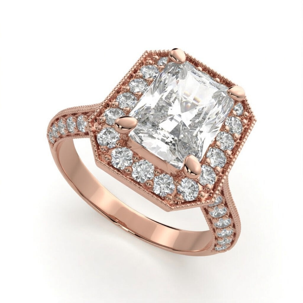 Beatrice 3.45 Carat Radiant Cut Halo Pave Knife Edge Milgrain Engagement Ring