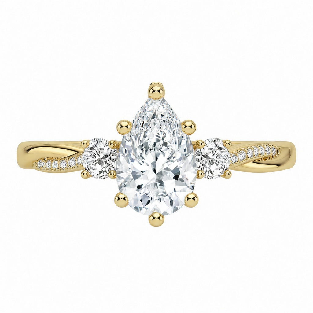 3.00 CT Pear Lab-Grown Diamond Hidden Halo Three Stone Engagement Ring in 14K White Gold – Petite Twisted Vine Design
