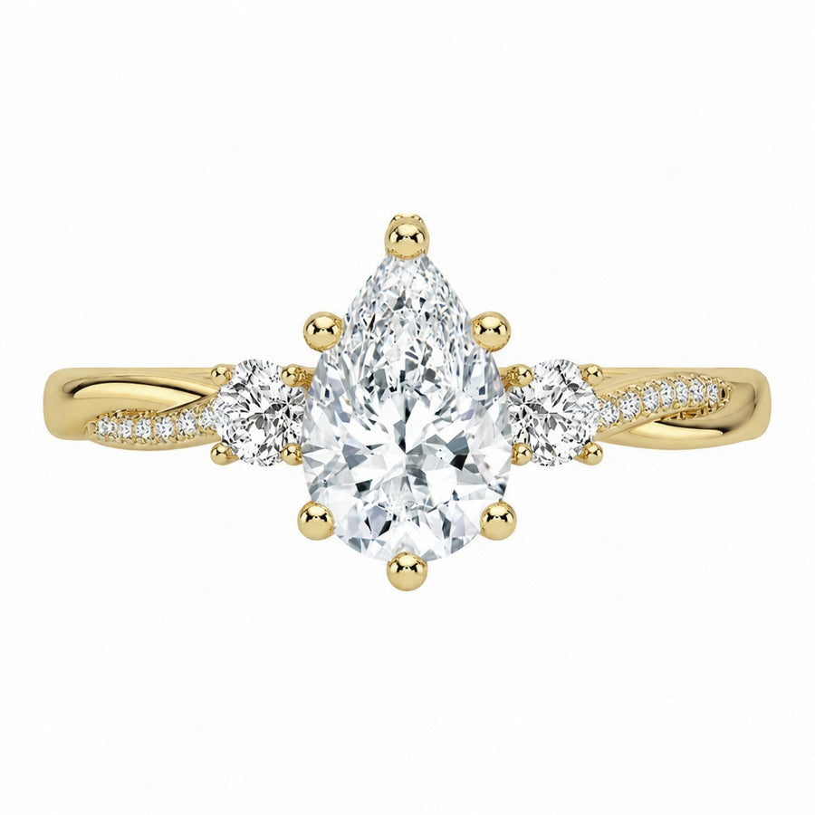 3.00 CT Pear Lab-Grown Diamond Hidden Halo Three Stone Engagement Ring in 14K White Gold – Petite Twisted Vine Design