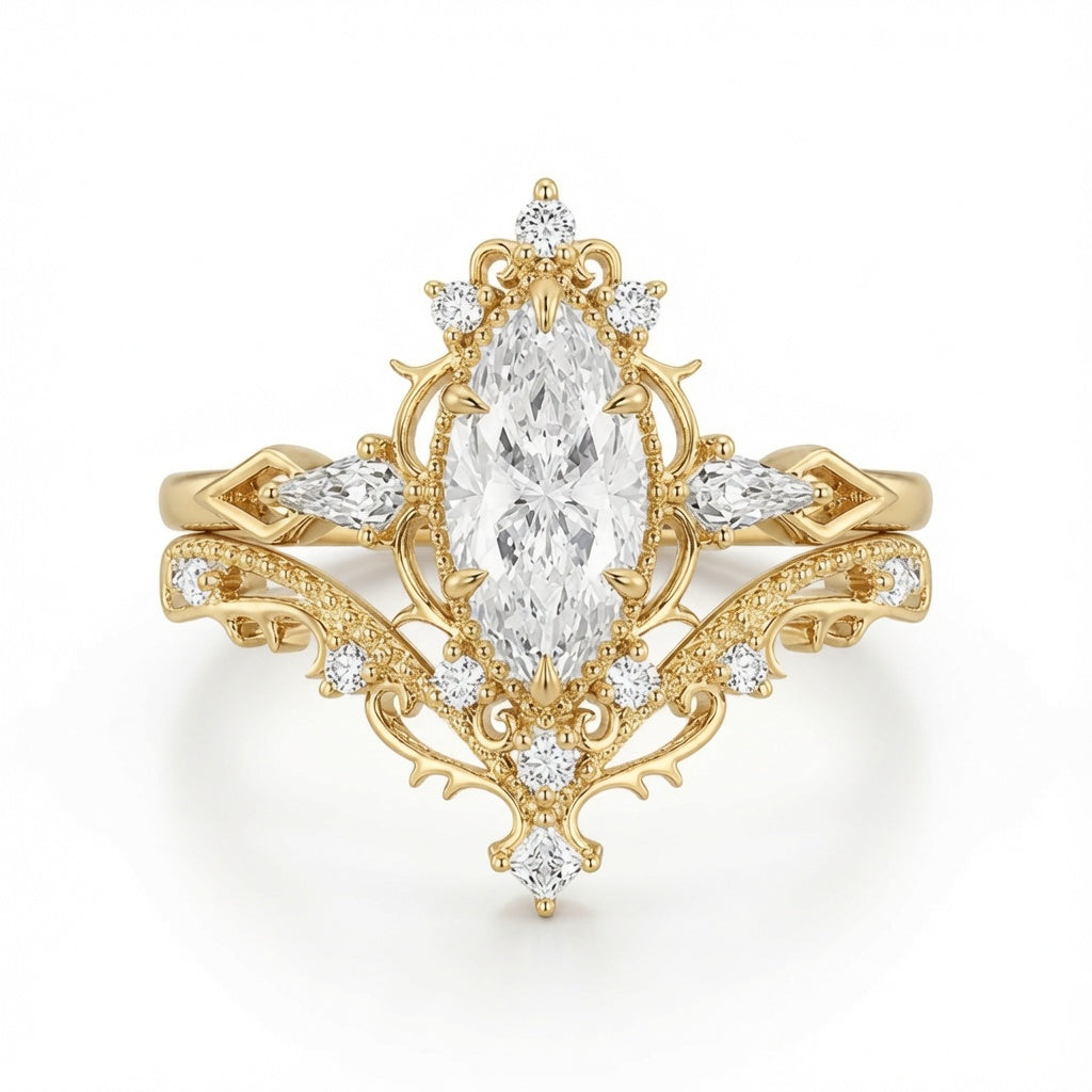 3.00 CT Vintage Marquise Lab-Grown Diamond 2PCS Bridal Set in 14K White Gold – Filigree Vine Wedding Ring Design