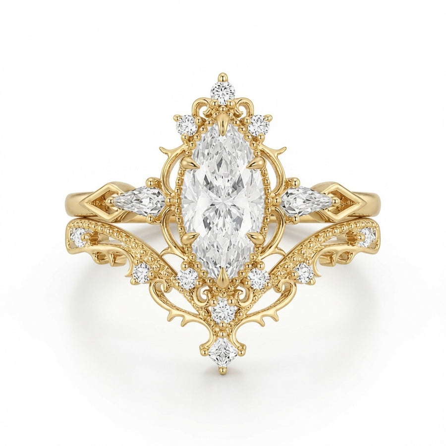 3.00 CT Vintage Marquise Lab-Grown Diamond 2PCS Bridal Set in 14K White Gold – Filigree Vine Wedding Ring Design