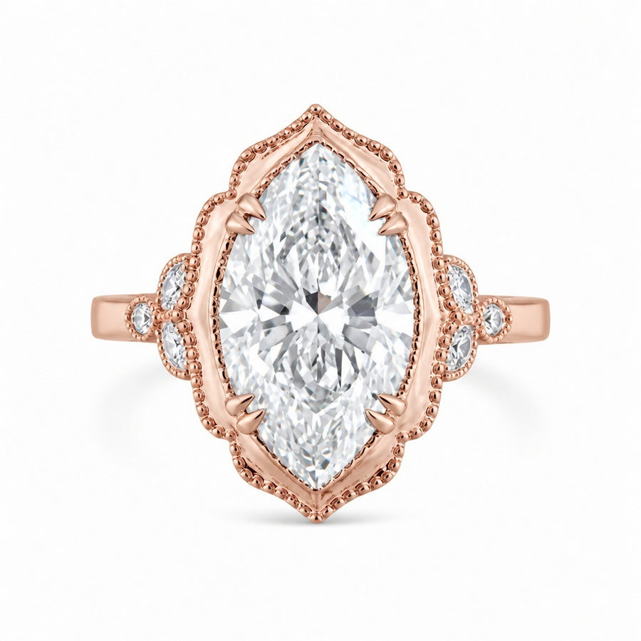 3.41 CT Vintage Marquise Cut Lab-Grown Diamond Engagement Ring in 14K White Gold – Hand-Engraved Victorian Style