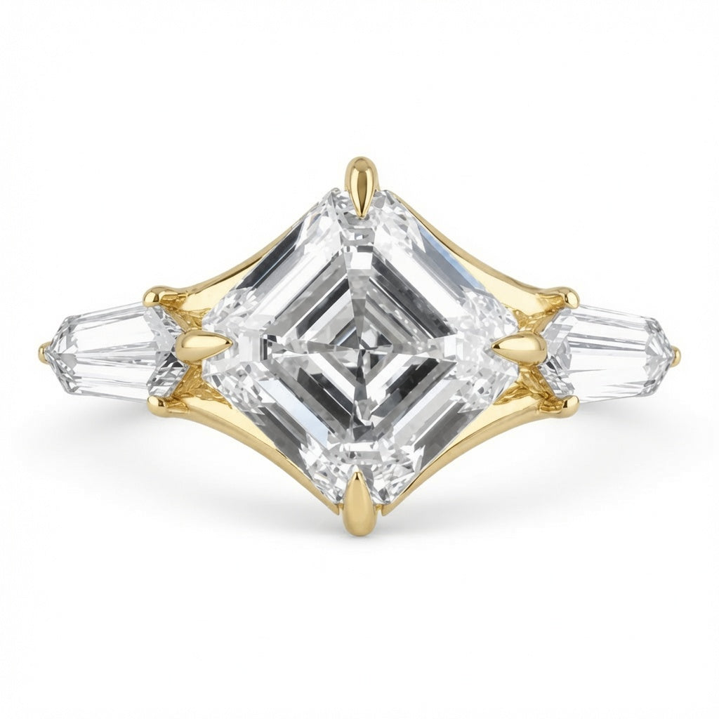 2.50 CT Asscher Cut Lab-Grown Diamond Three Stone Engagement Ring in 14K White Gold – East West IGI Certified Design