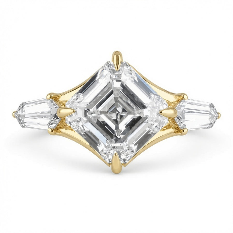 2.50 CT Asscher Cut Lab-Grown Diamond Three Stone Engagement Ring in 14K White Gold – East West IGI Certified Design