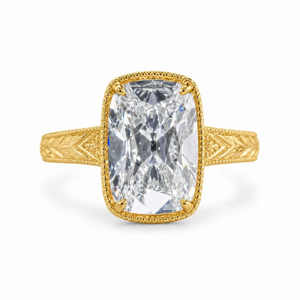 4.00 CT Old Mine Cushion Cut Lab-Grown Diamond Engagement Ring in 14K White Gold – Vintage Hand-Engraved Heirloom Design