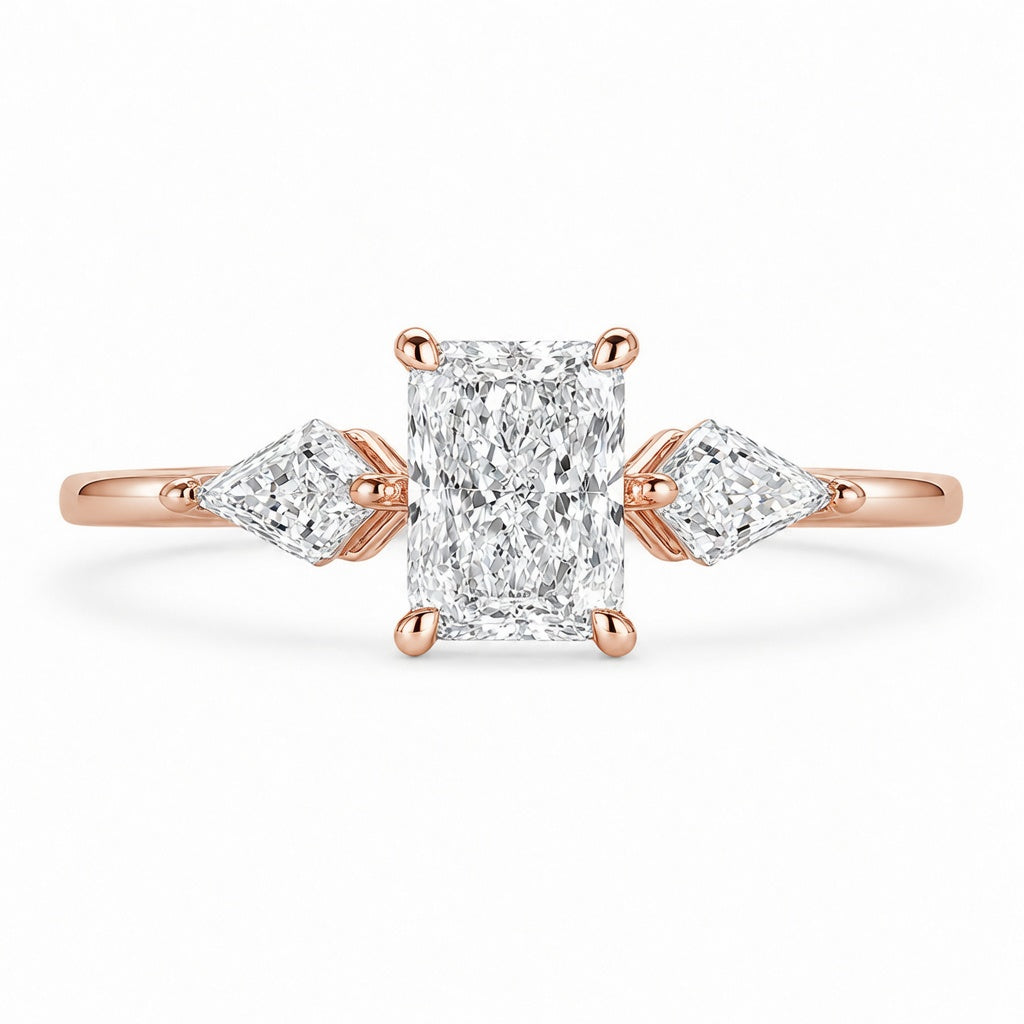 2.00 CT Radiant Cut Lab-Grown Diamond Three-Stone Engagement Ring in 14K White Gold – Kite Side Stone Design