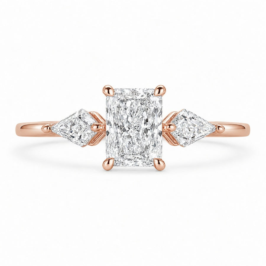 2.00 CT Radiant Cut Lab-Grown Diamond Three-Stone Engagement Ring in 14K White Gold – Kite Side Stone Design
