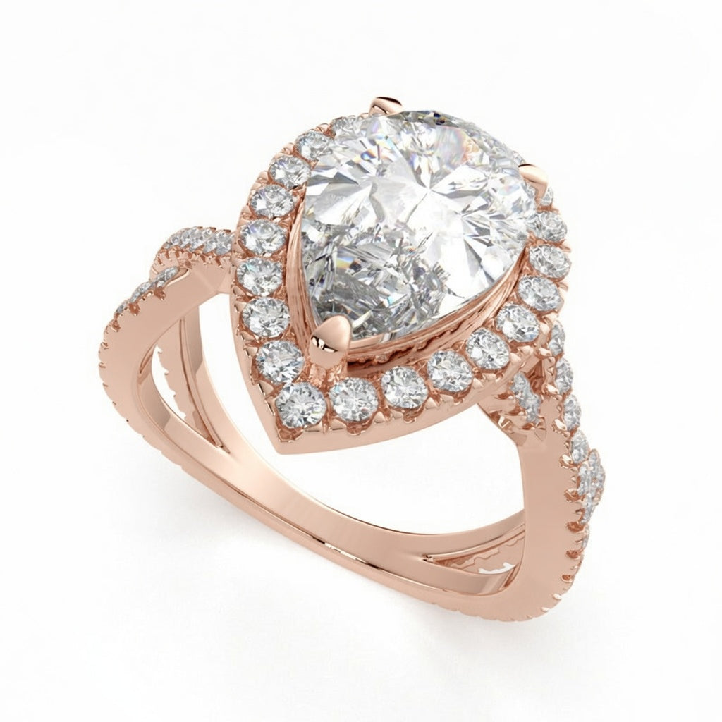 Ophelia 2.35 Carat Pear Cut Pave Halo Split Shank Engagement Ring
