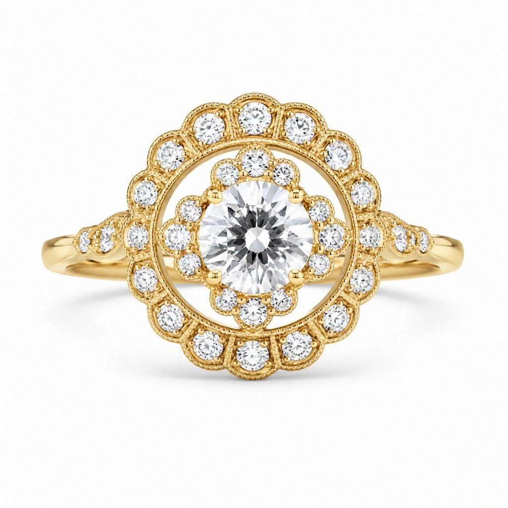 2.00 CT Round Lab-Grown Diamond Double Halo Engagement Ring in 14K White Gold – Floral Bridal Design