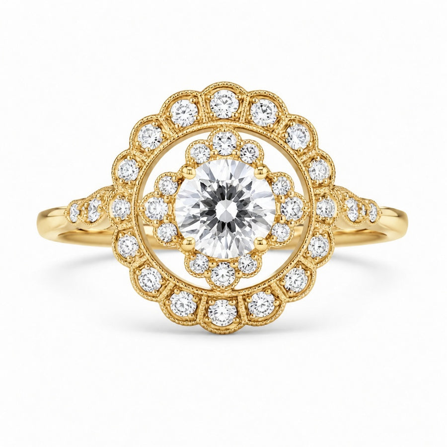 2.00 CT Round Lab-Grown Diamond Double Halo Engagement Ring in 14K White Gold – Floral Bridal Design