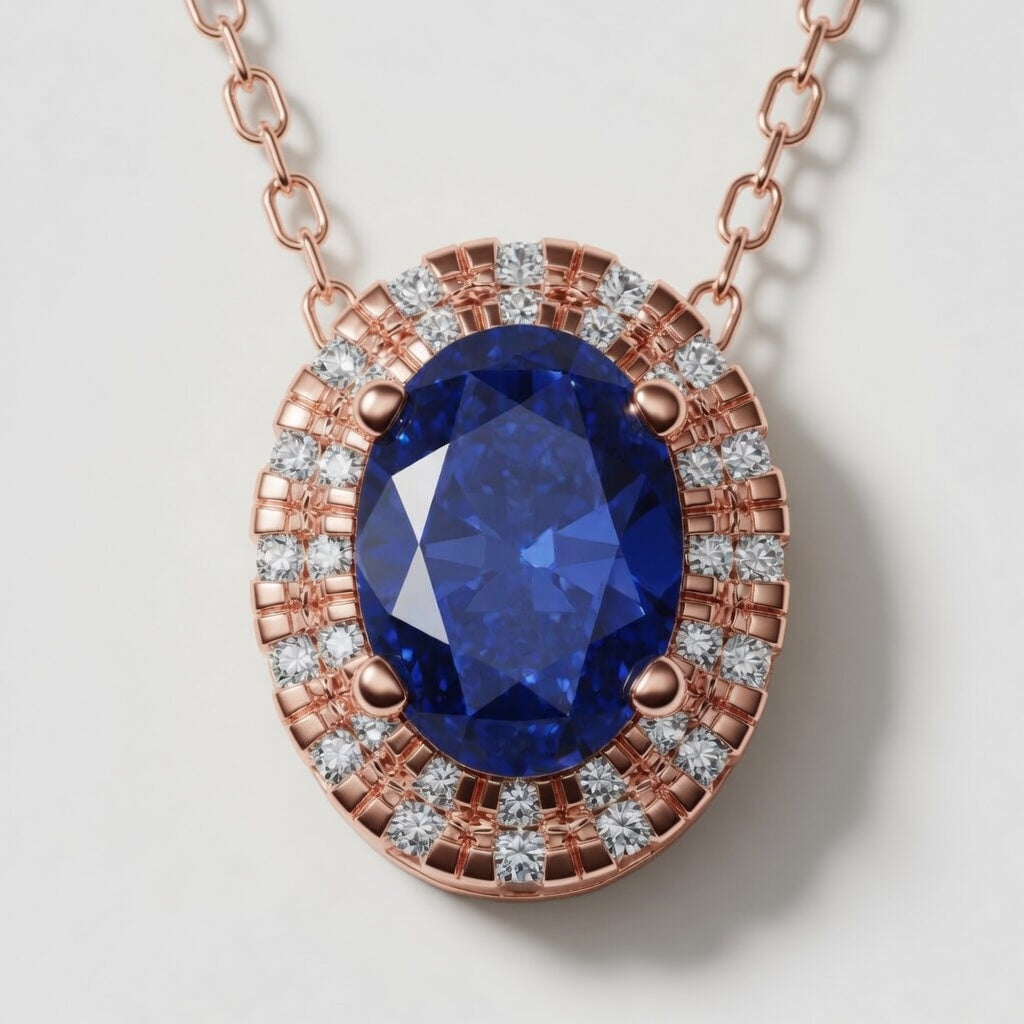 1 CTW Round Lab Grown Diamond Halo Pendant with 7.9x5.53 mm Oval Created Sapphire & Adjustable Chain