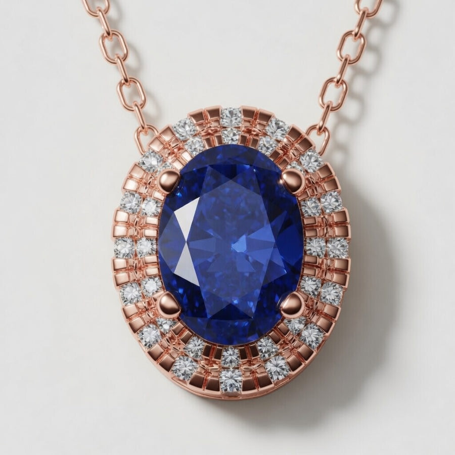 1 CTW Round Lab Grown Diamond Halo Pendant with 7.9x5.53 mm Oval Created Sapphire & Adjustable Chain