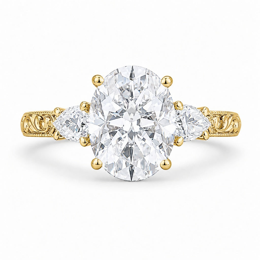 4.00 CT Oval Cut Lab-Grown Diamond Three Stone Engagement Ring in 14K White Gold – Victorian Lotus Engraved Design