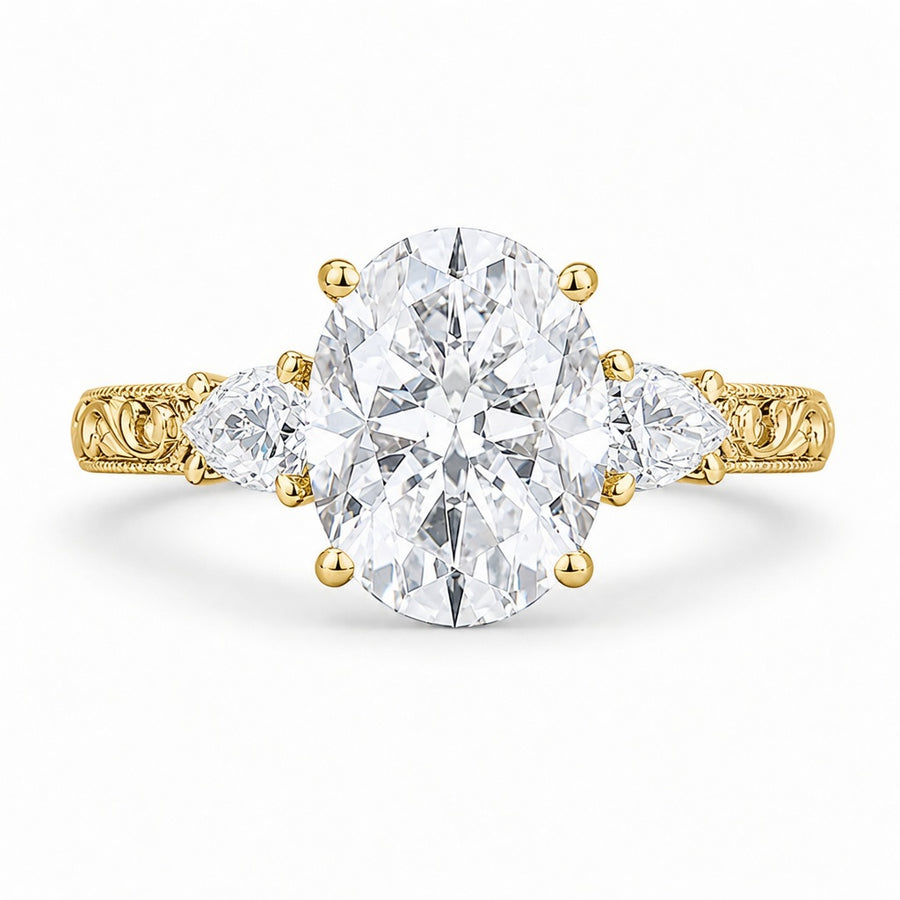 4.00 CT Oval Cut Lab-Grown Diamond Three Stone Engagement Ring in 14K White Gold – Victorian Lotus Engraved Design