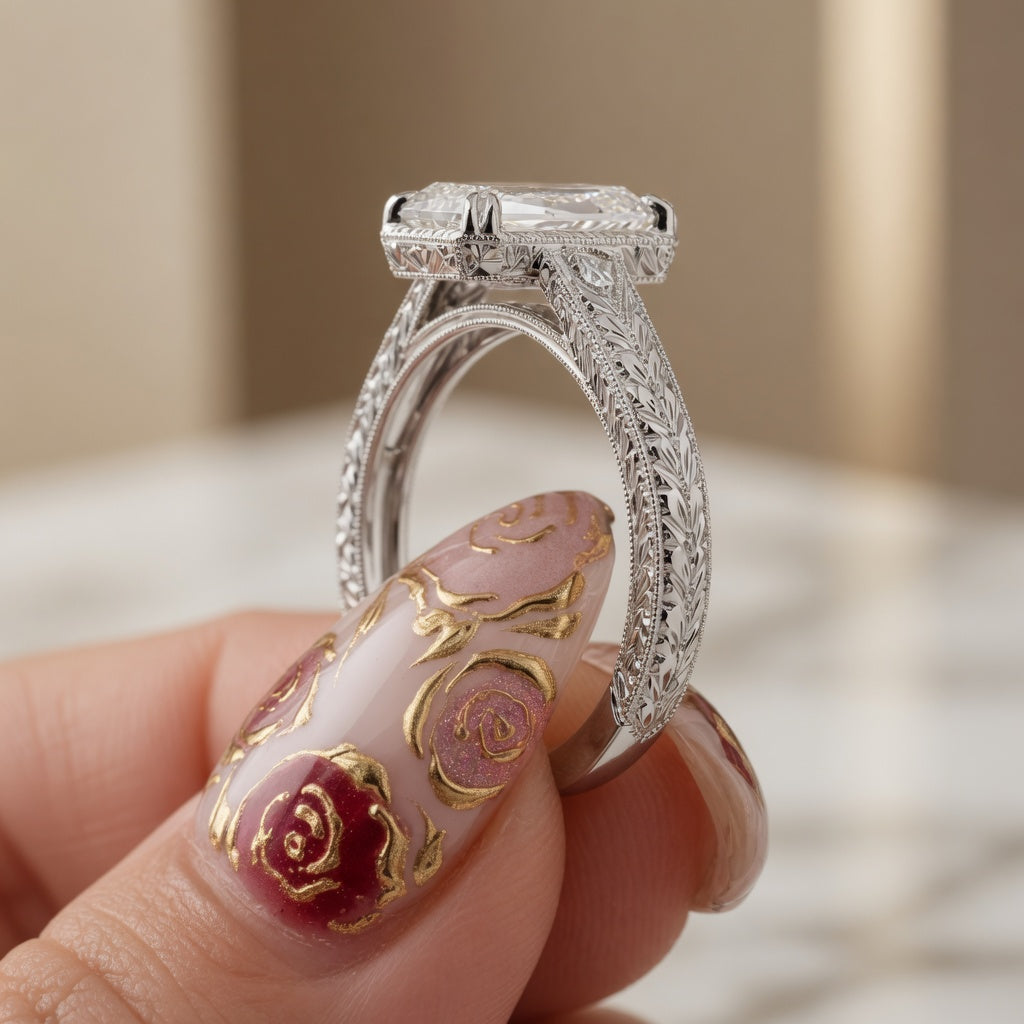 3.50 CT Vintage Inspired Criss Cut Lab-Grown Diamond Engagement Ring in 14K White Gold – Hand-Engraved Art Deco Cathedral Design
