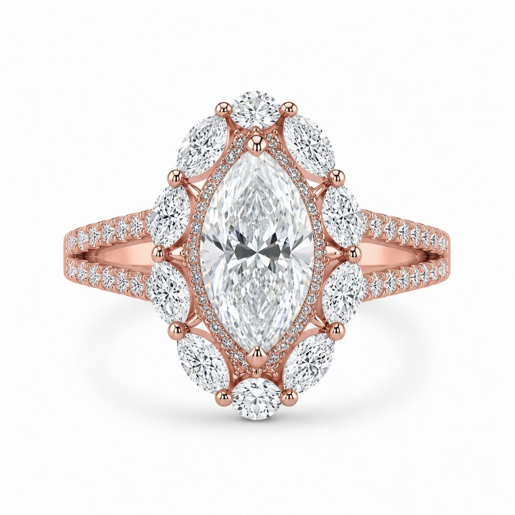 5.00 CT Marquise Cut Lab-Grown Diamond Double Halo Engagement Ring in 14K White Gold – Art Deco Split Shank Cocktail Design
