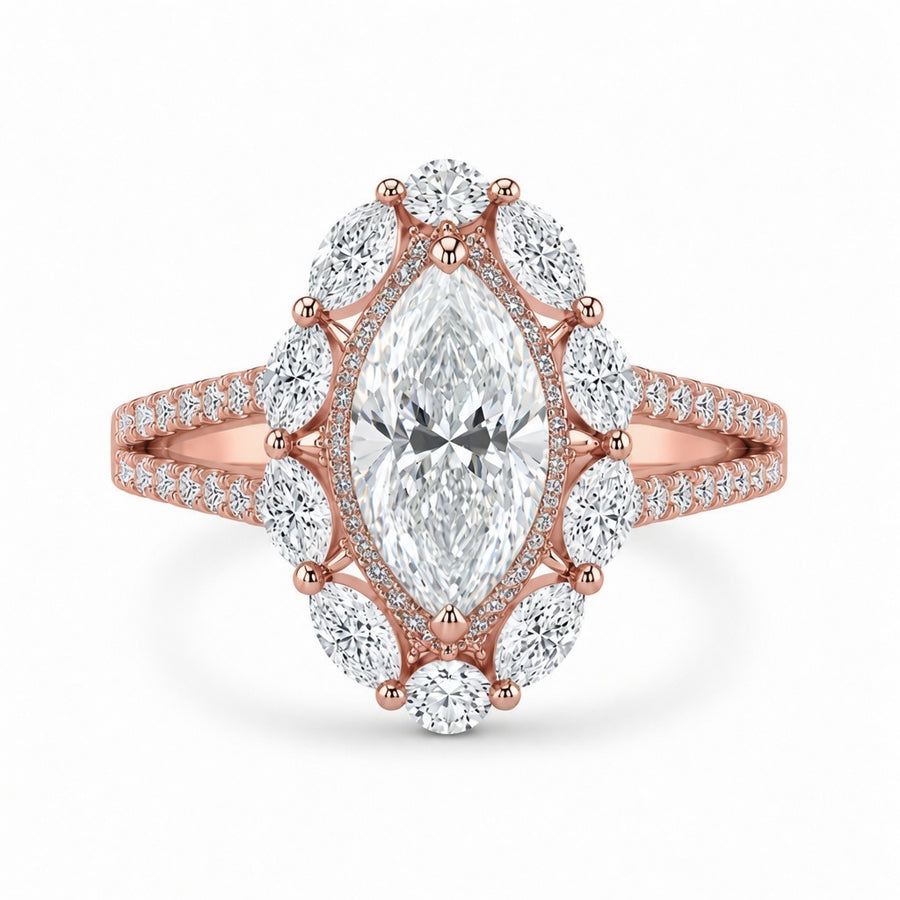 5.00 CT Marquise Cut Lab-Grown Diamond Double Halo Engagement Ring in 14K White Gold – Art Deco Split Shank Cocktail Design