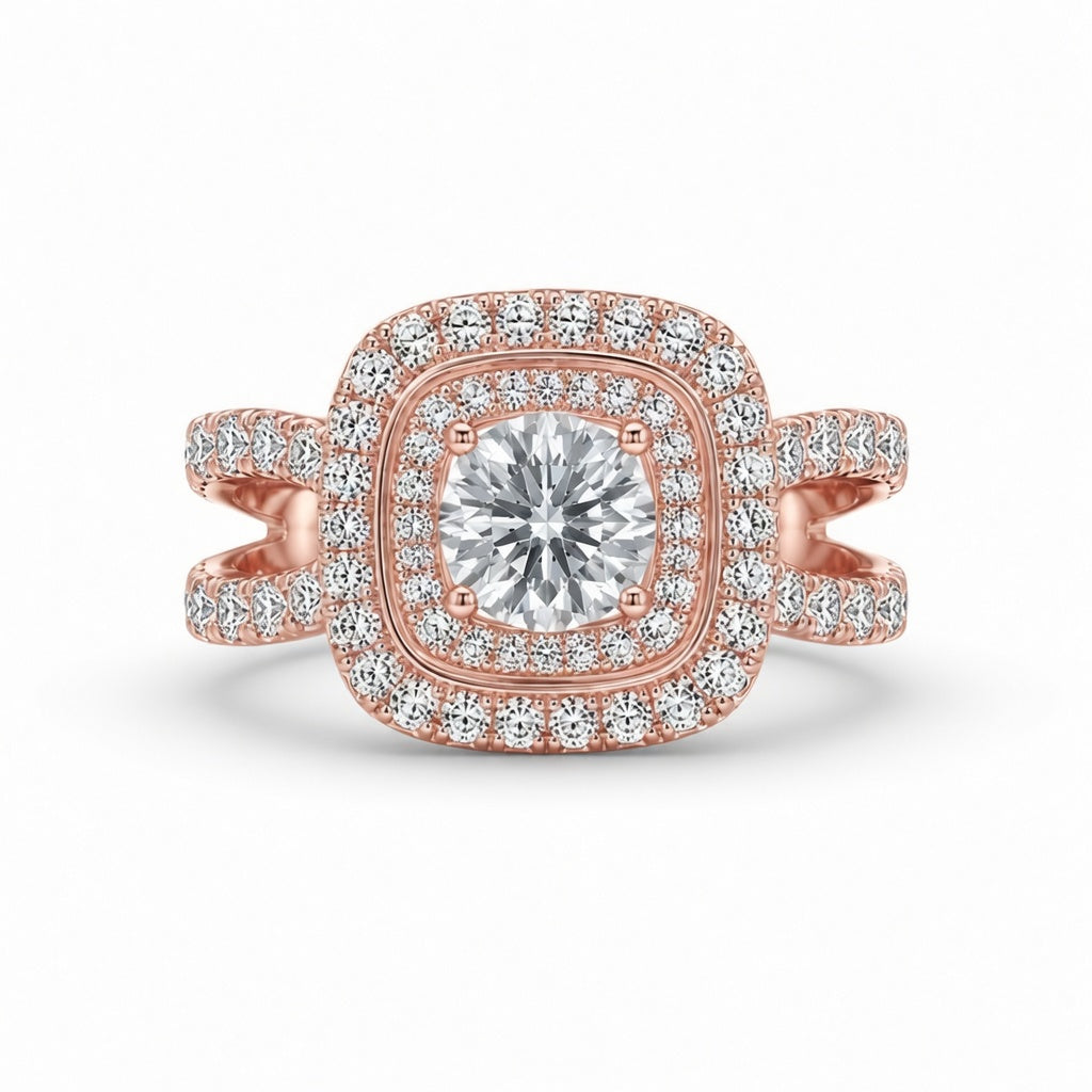 2.00 CT Round Cut Lab-Grown Diamond Double Halo Engagement Ring in 14K White Gold – Split Shank Bridal Design