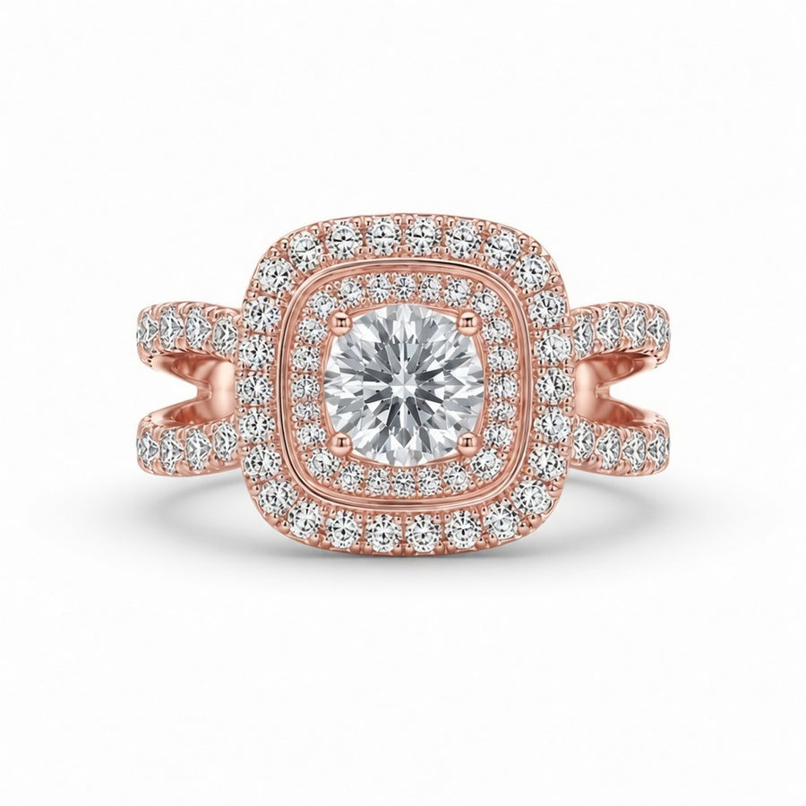 2.00 CT Round Cut Lab-Grown Diamond Double Halo Engagement Ring in 14K White Gold – Split Shank Bridal Design