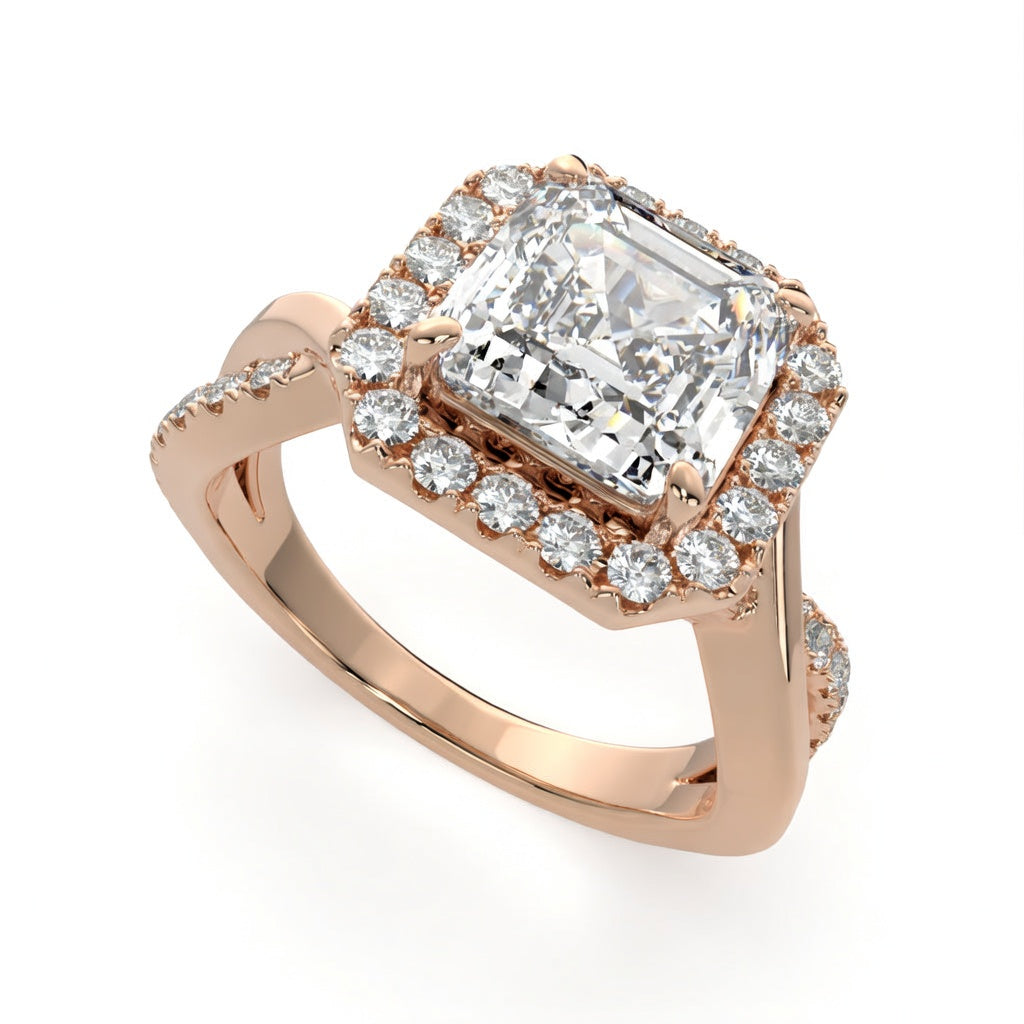 Celestina 3.35 Carat Emerald Cut Halo Pave Split Shank Engagement Ring