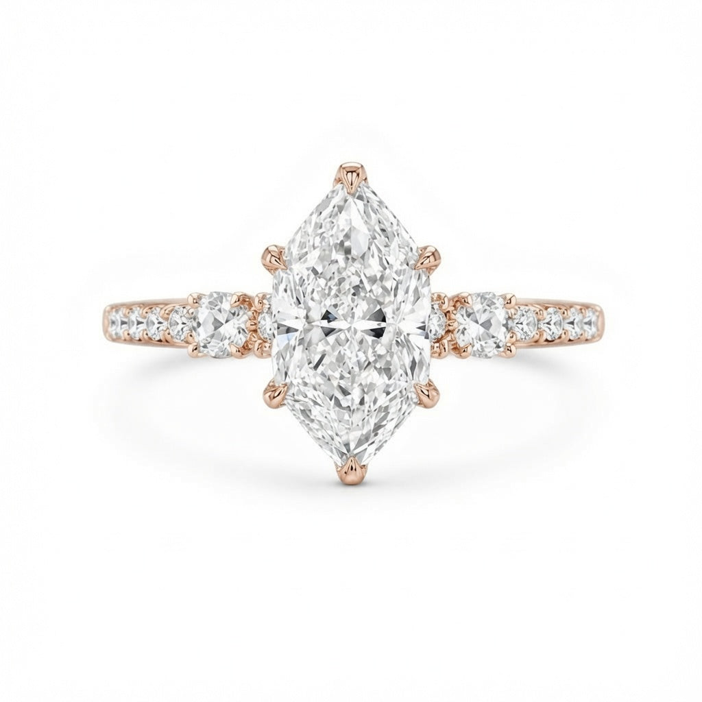 4.00 CT Dutch Marquise Lab-Grown Diamond Hidden Halo Engagement Ring in 14K White Gold – Rose Cut Side Stone Design