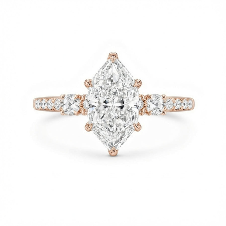 4.00 CT Dutch Marquise Lab-Grown Diamond Hidden Halo Engagement Ring in 14K White Gold – Rose Cut Side Stone Design