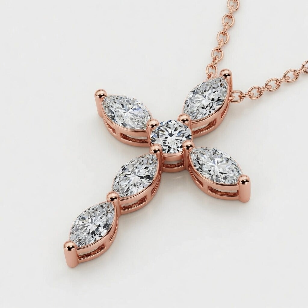 14K White Gold Marquise & Round Lab-Grown Diamond Cross Pendant (1.00 CTW – D–F / VS1–VS2)