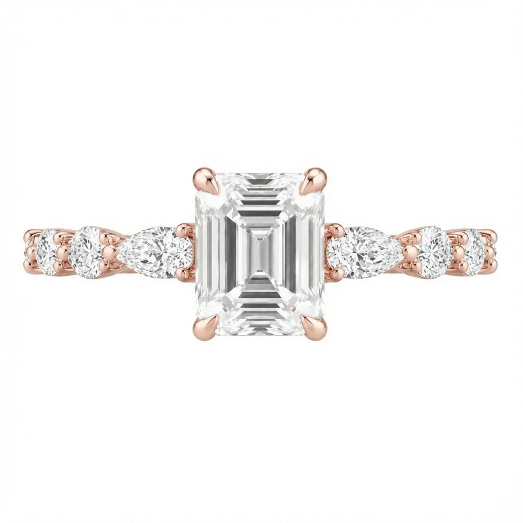 3.00 CT Asscher Cut Lab-Grown Diamond Three Stone Engagement Ring in 14K White Gold – Marquise & Round Side Stone Design