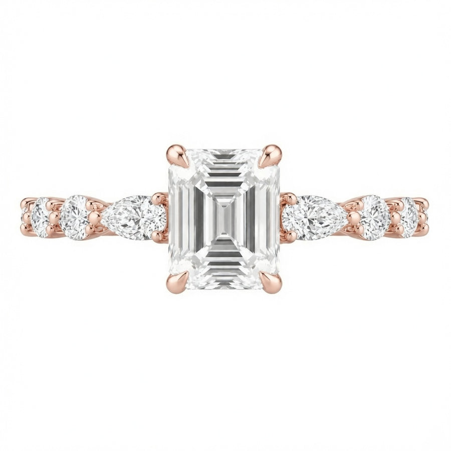 3.00 CT Asscher Cut Lab-Grown Diamond Three Stone Engagement Ring in 14K White Gold – Marquise & Round Side Stone Design