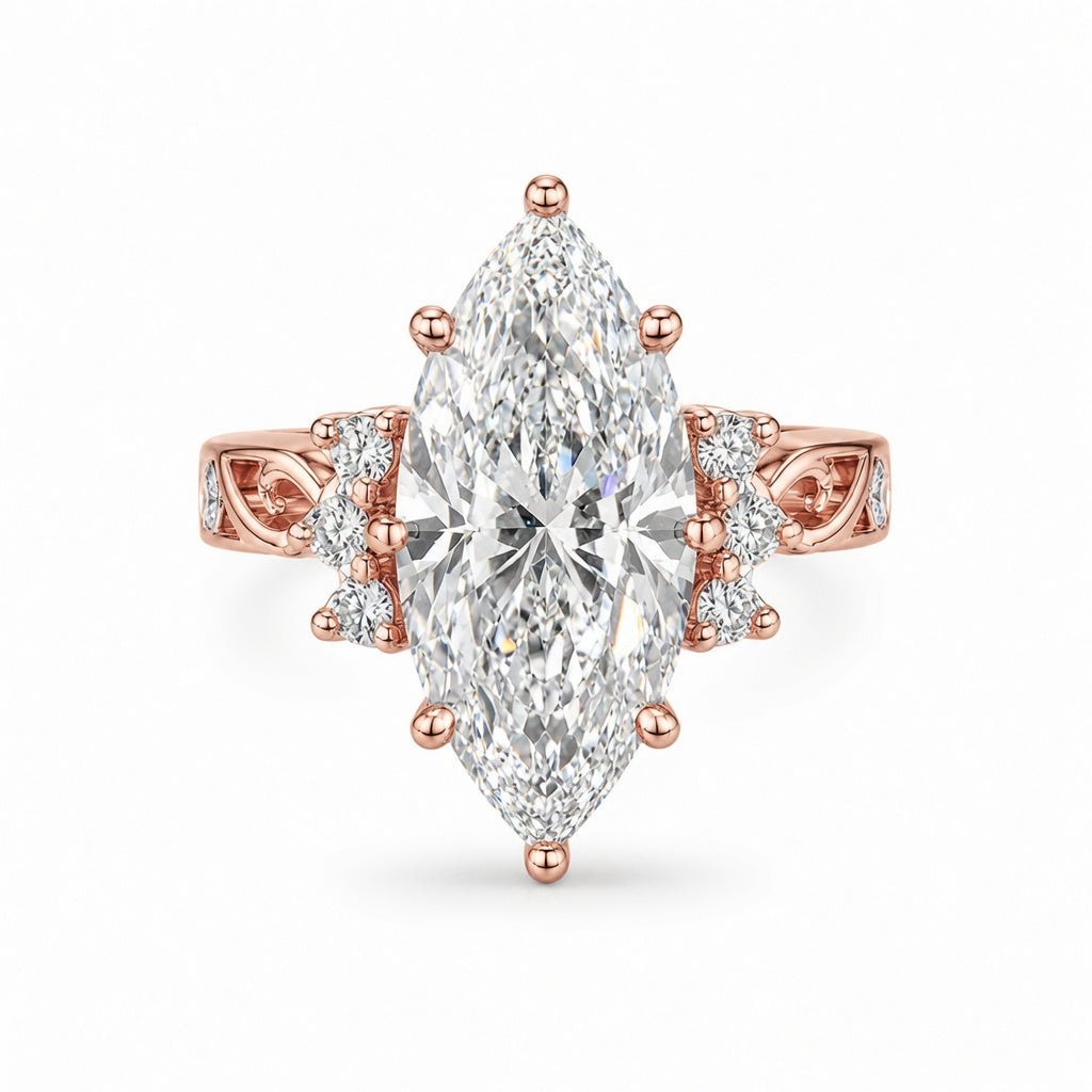 3.81 CT Vintage Marquise Cut Lab-Grown Diamond Engagement Ring in 14K White Gold – Hand-Engraved Art Deco Cluster Design