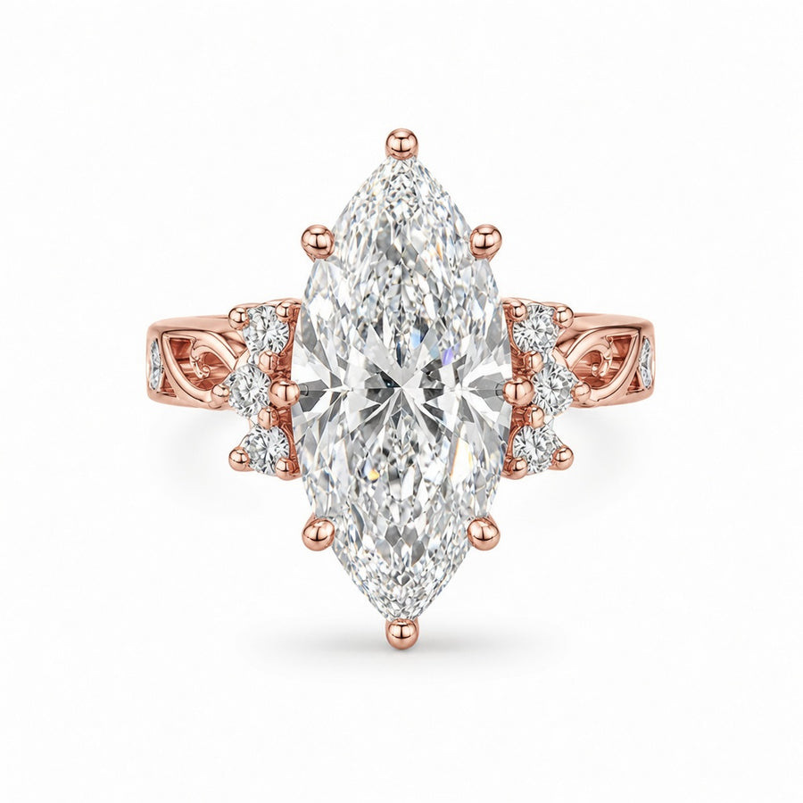 3.81 CT Vintage Marquise Cut Lab-Grown Diamond Engagement Ring in 14K White Gold – Hand-Engraved Art Deco Cluster Design