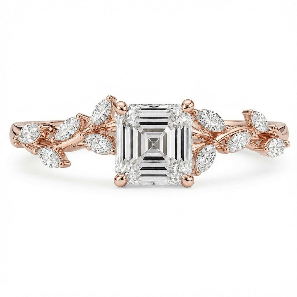 3.50 CT Asscher Cut Lab-Grown Diamond Engagement Ring in 14K White Gold – Nature Inspired Marquise Side Stone Design | IGI Certified