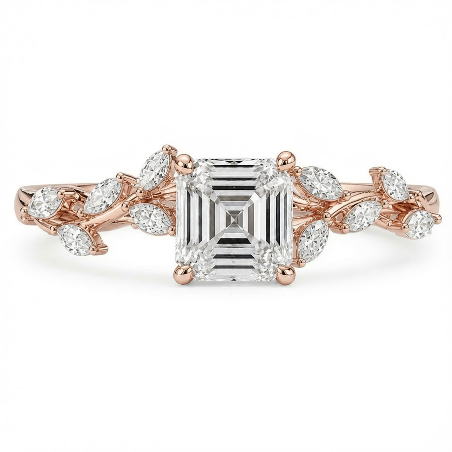 3.50 CT Asscher Cut Lab-Grown Diamond Engagement Ring in 14K White Gold – Nature Inspired Marquise Side Stone Design | IGI Certified