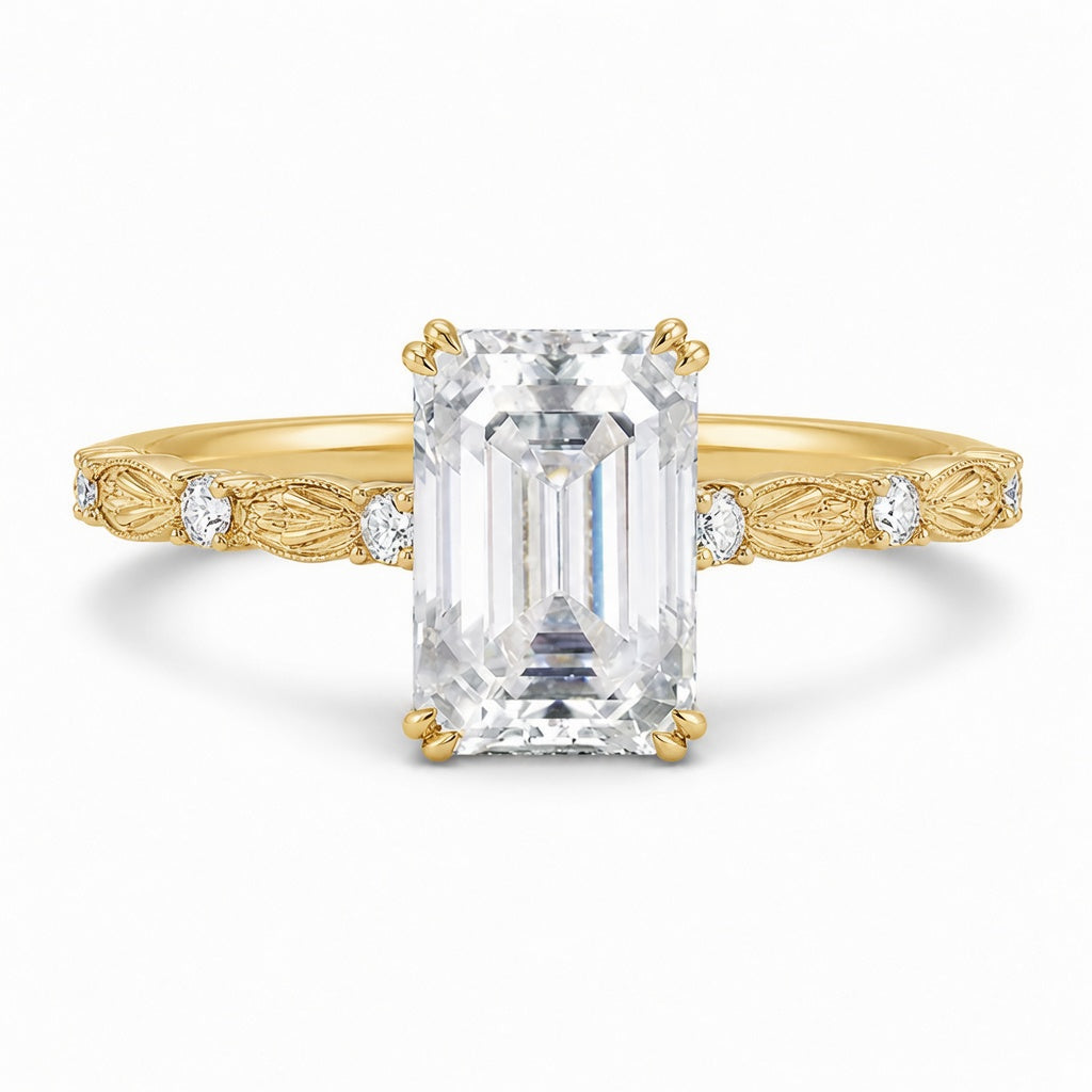 1.00 CT Emerald Cut Lab-Grown Diamond Engagement Ring in 14K White Gold – Hidden Halo Engraved Solitaire Design