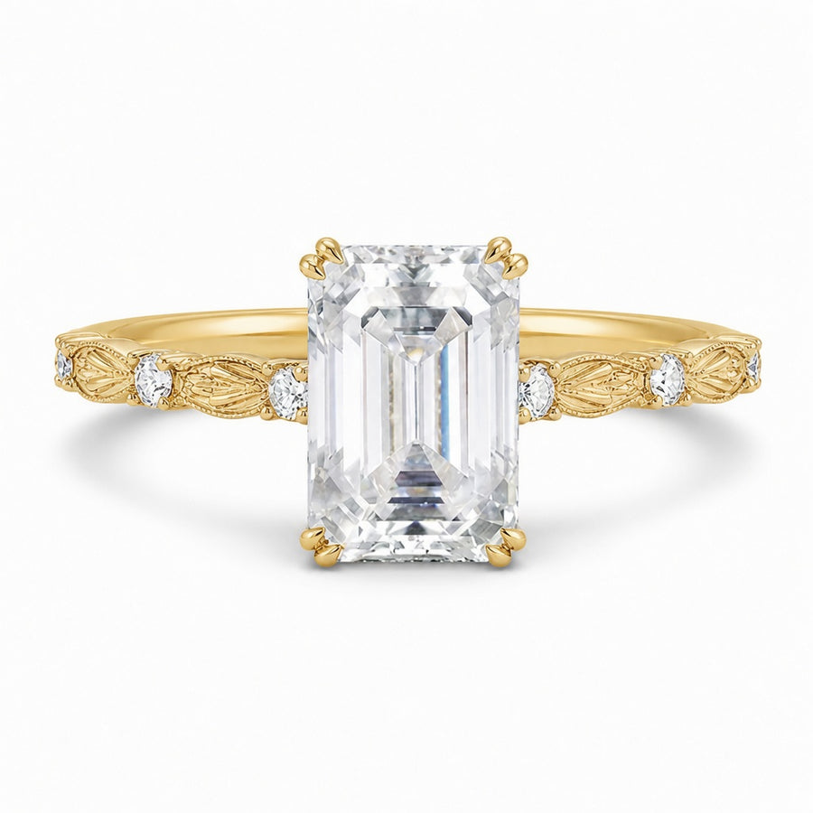 1.00 CT Emerald Cut Lab-Grown Diamond Engagement Ring in 14K White Gold – Hidden Halo Engraved Solitaire Design