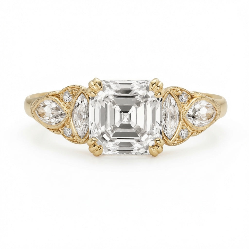 2.20 CT Asscher Cut Lab-Grown Diamond Engagement Ring in 14K White Gold – Edwardian Art Deco Old Mine Vintage Design