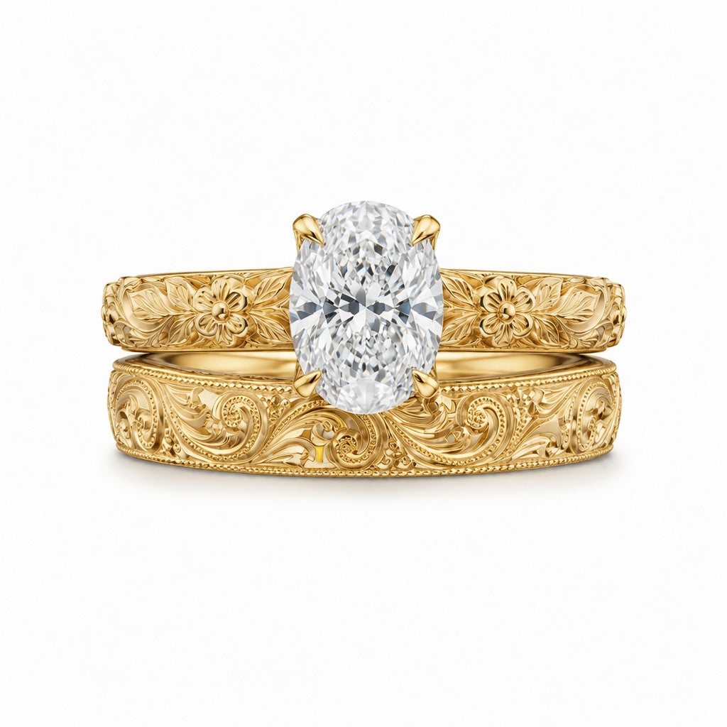 2.00 CT Vintage Oval Cut Lab-Grown Diamond Engagement Ring Set in 14K White Gold – Hand-Engraved Floral Wedding Band