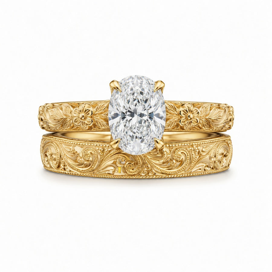 2.00 CT Vintage Oval Cut Lab-Grown Diamond Engagement Ring Set in 14K White Gold – Hand-Engraved Floral Wedding Band