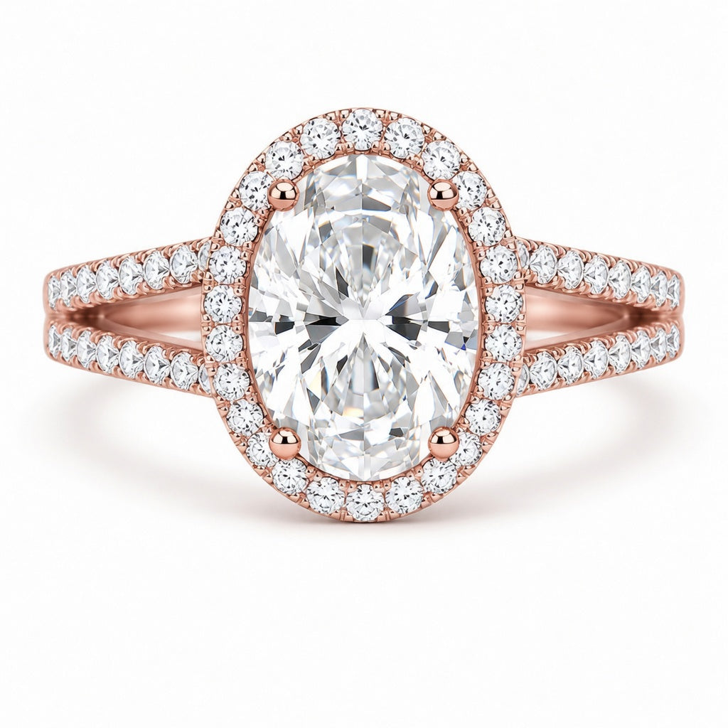 2.50 CT Oval Cut Lab-Grown Diamond Double Halo Engagement Ring in 14K White Gold – Split Shank Hidden Halo Design