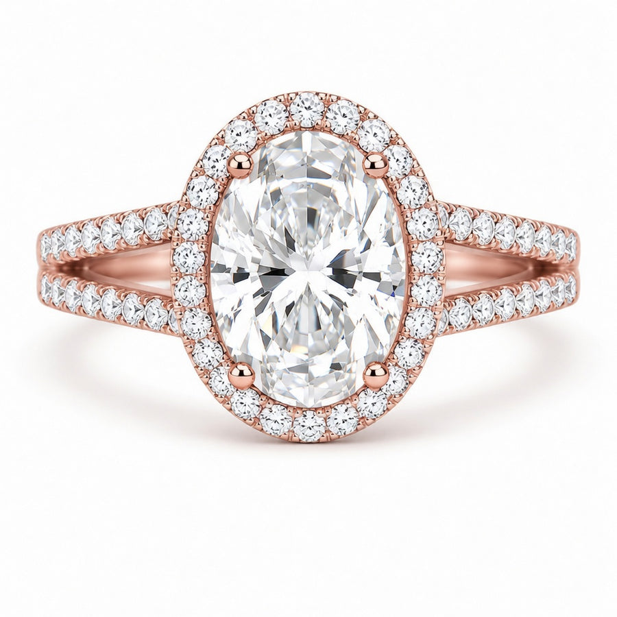 2.50 CT Oval Cut Lab-Grown Diamond Double Halo Engagement Ring in 14K White Gold – Split Shank Hidden Halo Design