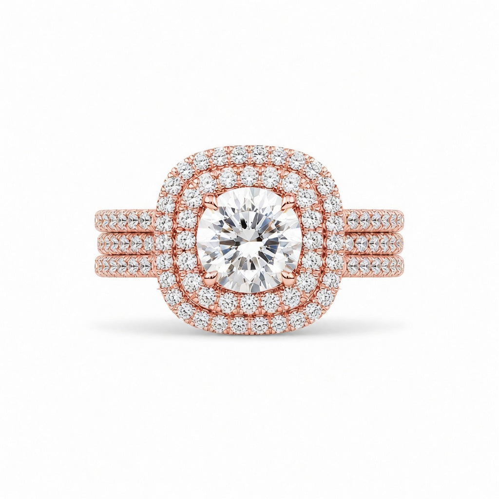 4.00 CT Round Cut Lab-Grown Diamond Double Halo Engagement Ring Set in 14K White Gold – Cushion Halo Bridal Design with Double Half Eternity Bands