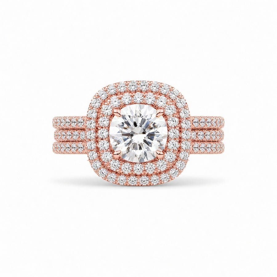 4.00 CT Round Cut Lab-Grown Diamond Double Halo Engagement Ring Set in 14K White Gold – Cushion Halo Bridal Design with Double Half Eternity Bands