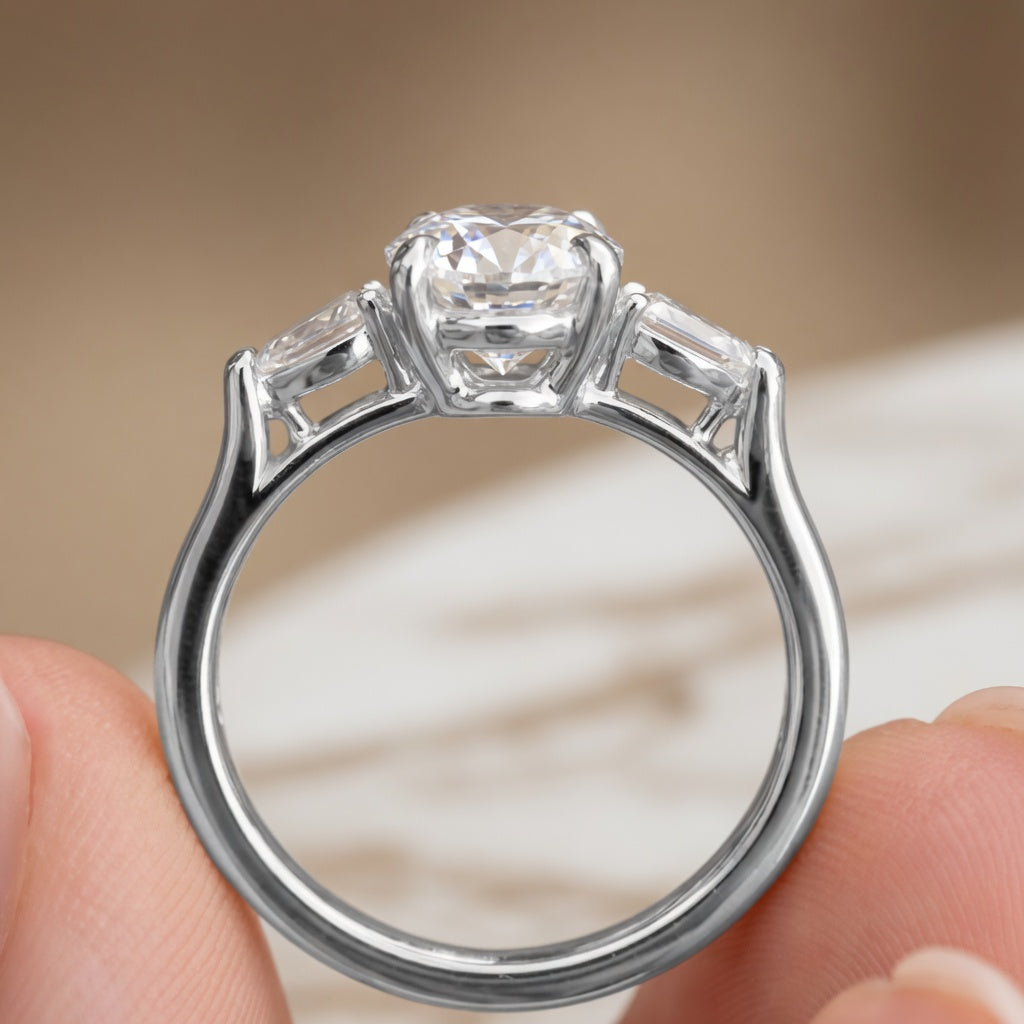 1.70 CT Oval Lab-Grown Diamond Three-Stone Engagement Ring in 14K White Gold – Pear Side Diamond Wedding Design