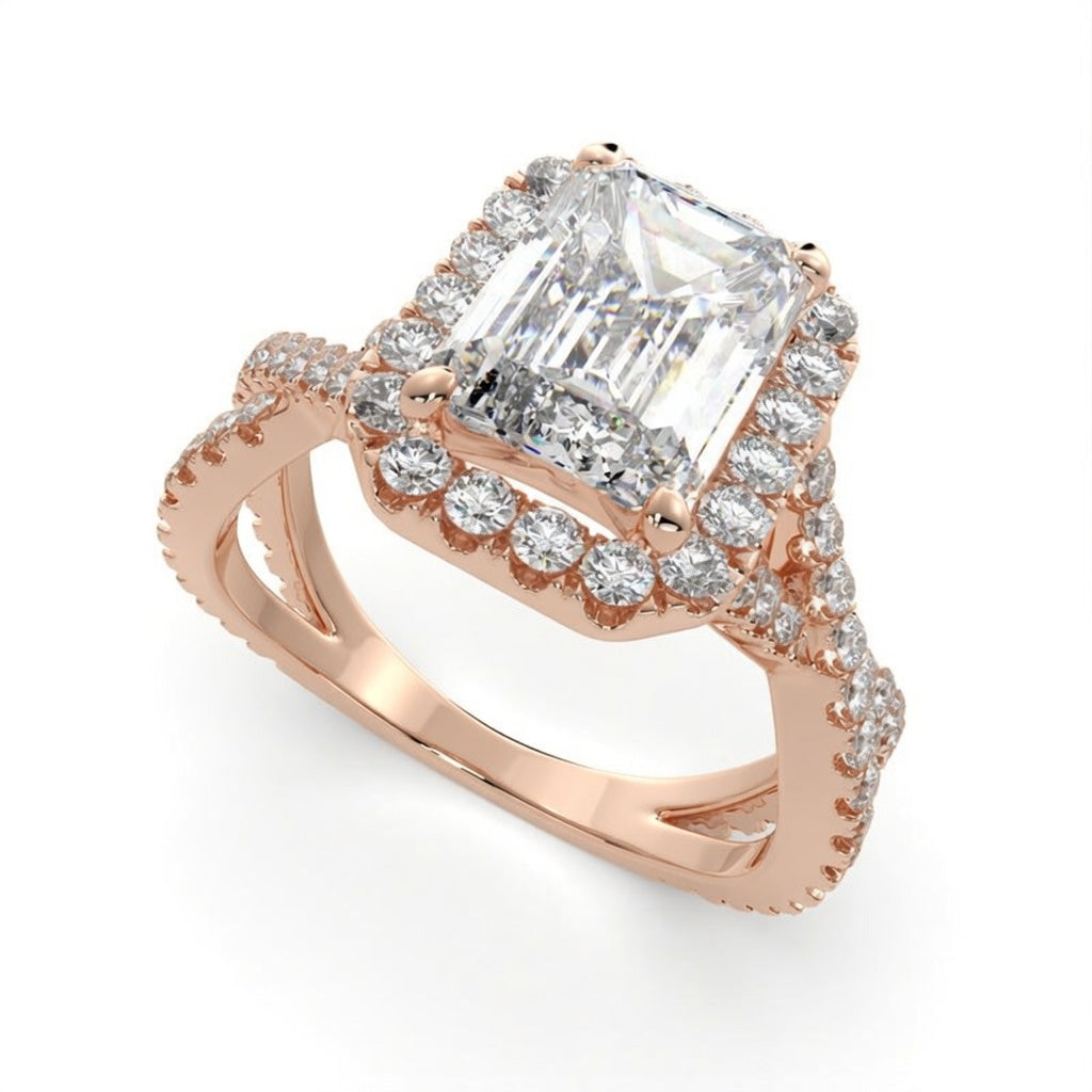Ophelia 2.35 Carat Emerald Cut Pave Halo Split Shank Engagement Ring