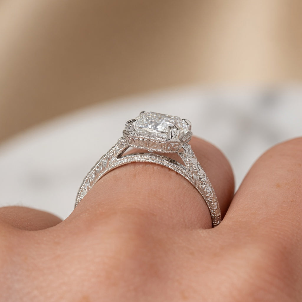 3.50 CT Vintage Inspired Criss Cut Lab-Grown Diamond Engagement Ring in 14K White Gold – Hand-Engraved Art Deco Cathedral Design