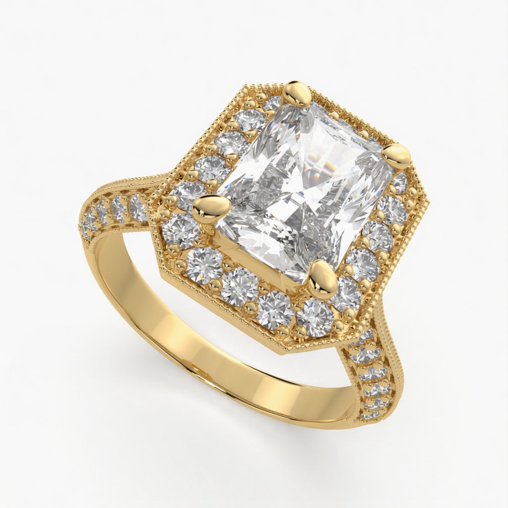 Beatrice 1.45 Carat Radiant Cut Halo Pave Knife Edge Milgrain Engagement Ring